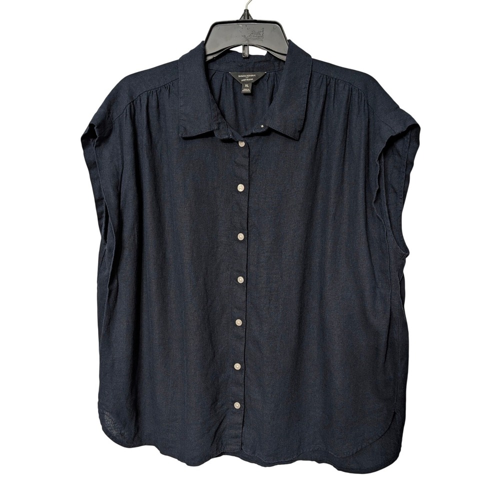 Banana Republic Navy Blue Button Up Linen Blend Boxy Cap Sleeve Relaxed Top XL
